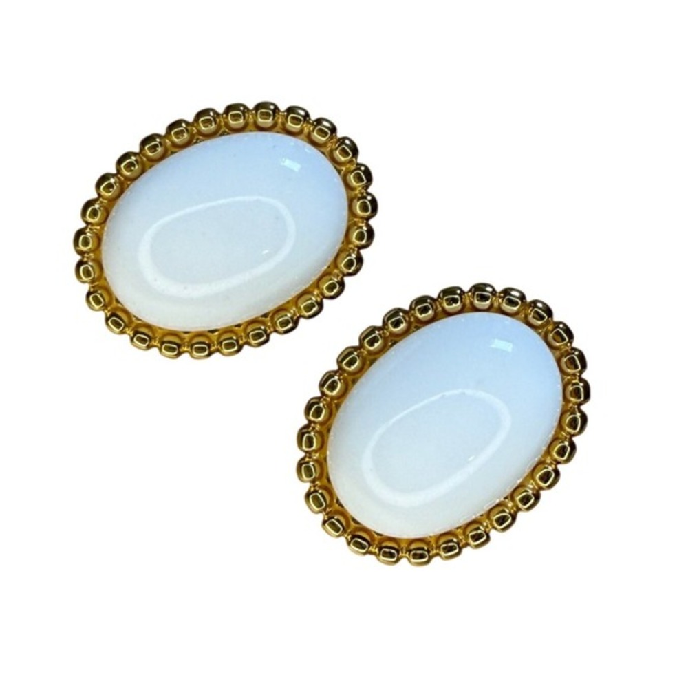 Monet Gold Tone White Cabochon Clip On Earrings Vintage Classic Preppy